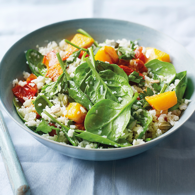 cauliflower-rice-salad-with-squash-seeds-and-spinach